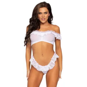 2 Pc. Lace Ruffle Crop Top and Thong Panty -  One Size - White