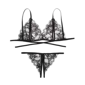 2 Pcs Women Lingerie Sets Full Lace Embroidery Bra Suit Bandage Bralettes Open Crotch Micro Thong Ultra Thin Brassiere G-String