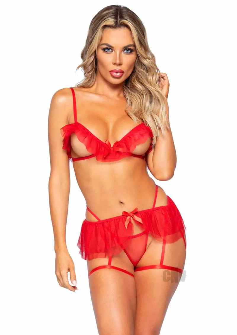 3 Pc. Cupless Bra, G-String, and Garter Belt -  One Size - Red