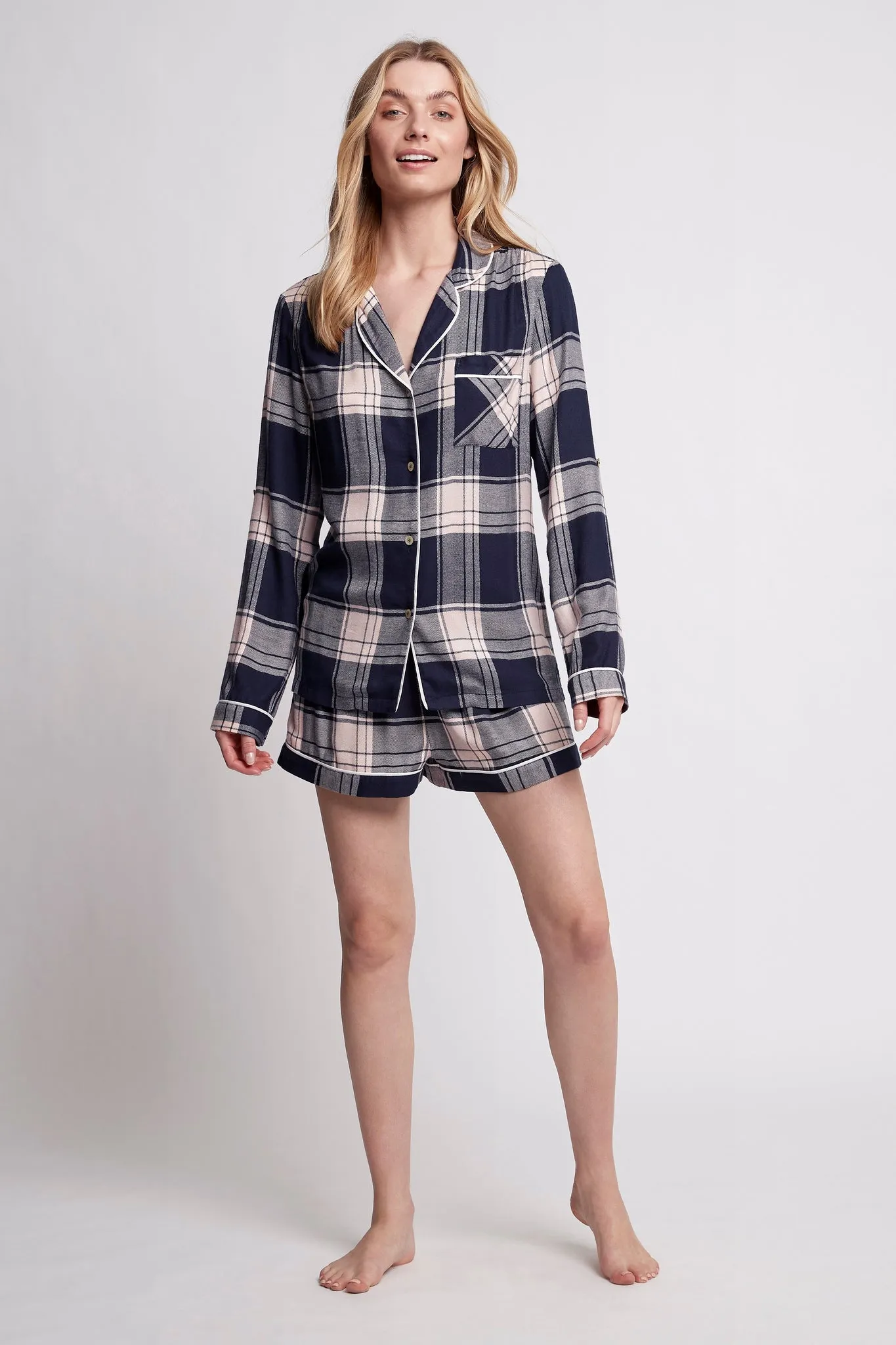 Ardelia Pyjama Long Sleeve with Short Set - Navy Check