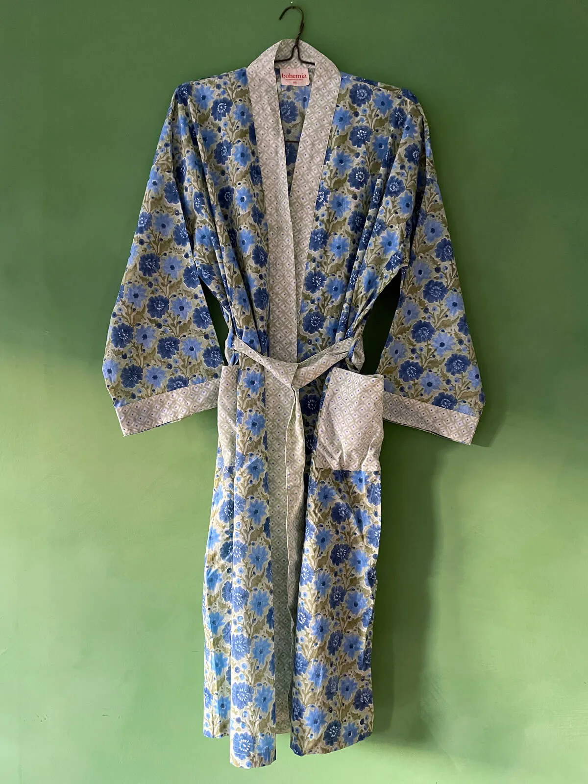 Block Print Cotton Robe, Sage