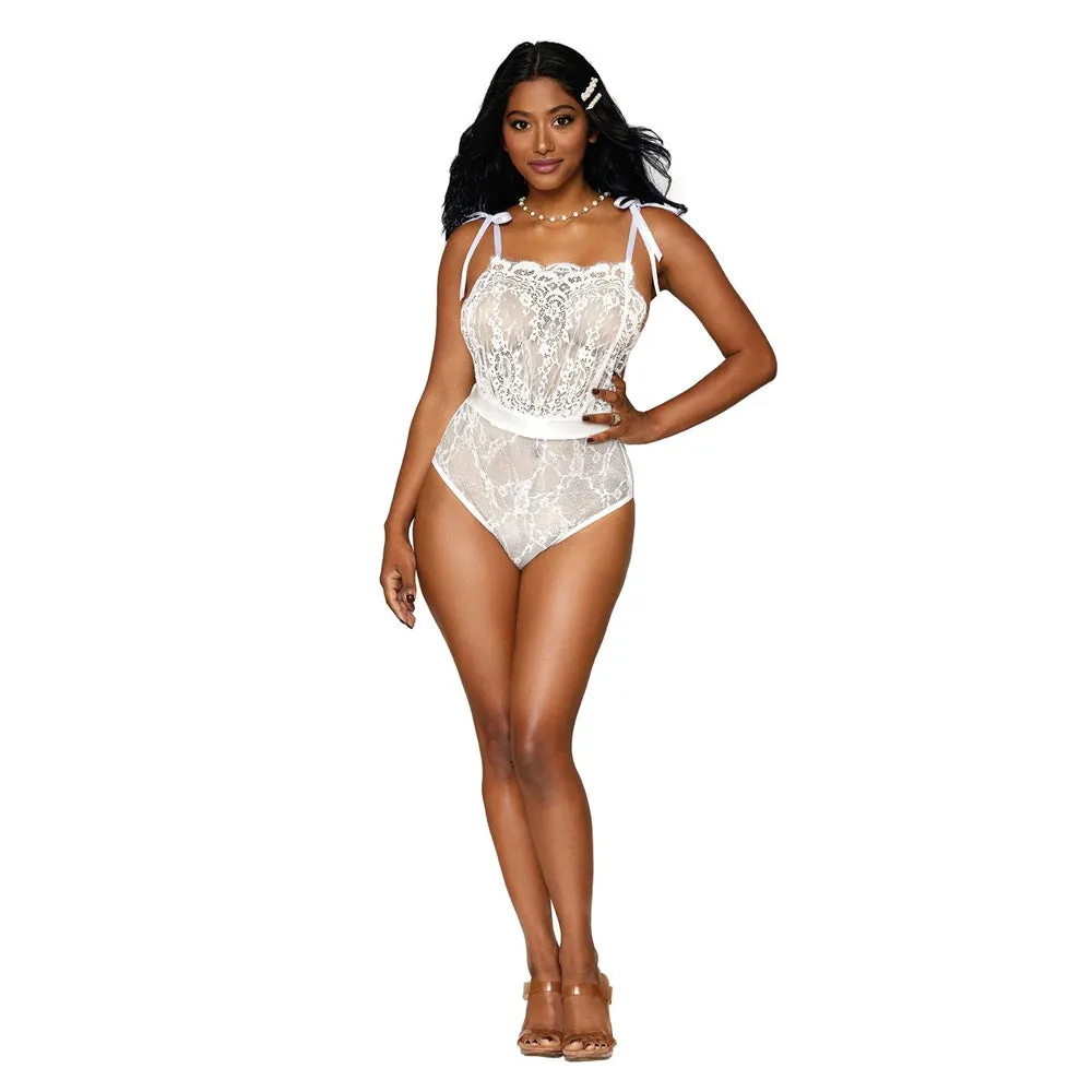 Dreamgirl Lingerie Eyelash lace, stretch lace and stretch mesh teddy White- 12917