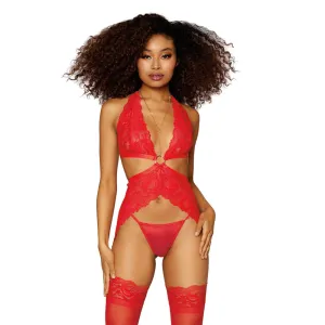 Dreamgirl Lingerie Lace Chemise with Side Garters and G-string Red 12708