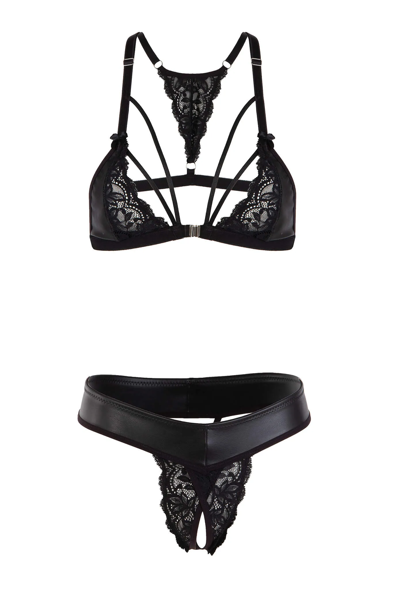 Eros Vegan Leather Lace Crotchless Set