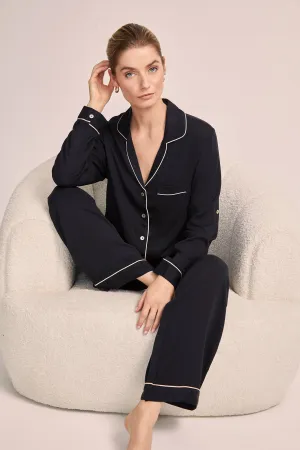 Eva Lounge Tencel™ Pyjama Set - Black with Blush Piping