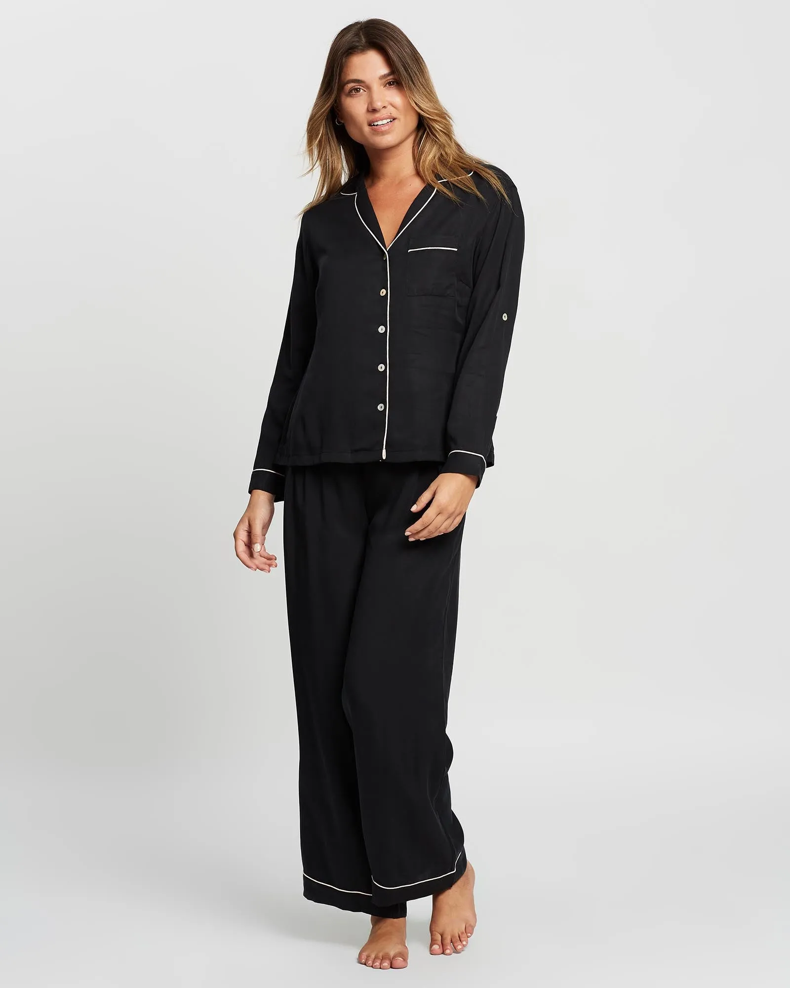 Eva Lounge Tencel™ Pyjama Set - Black with Blush Piping