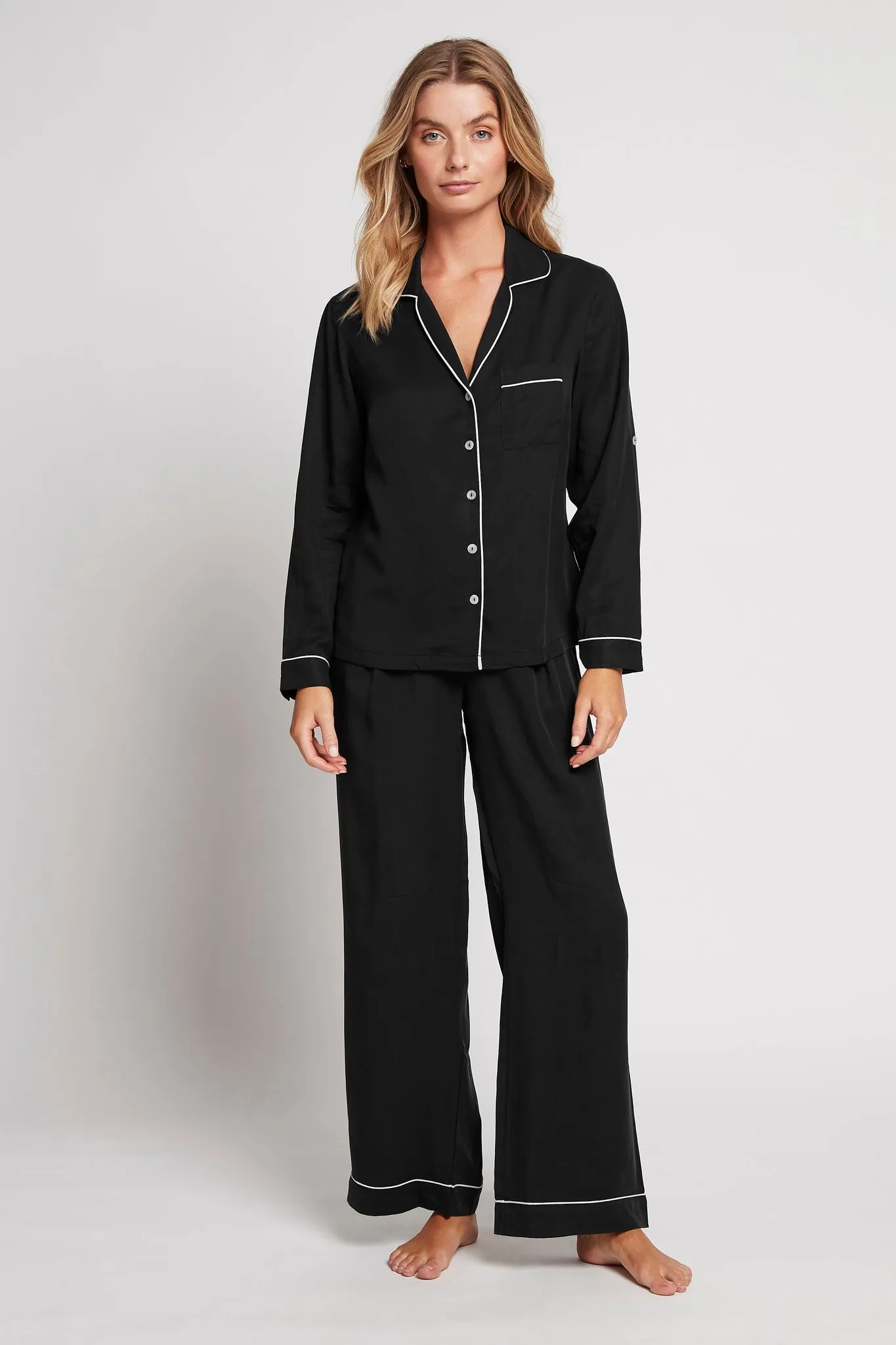 Eva Lounge Tencel™ Pyjama Set - Black with Blush Piping