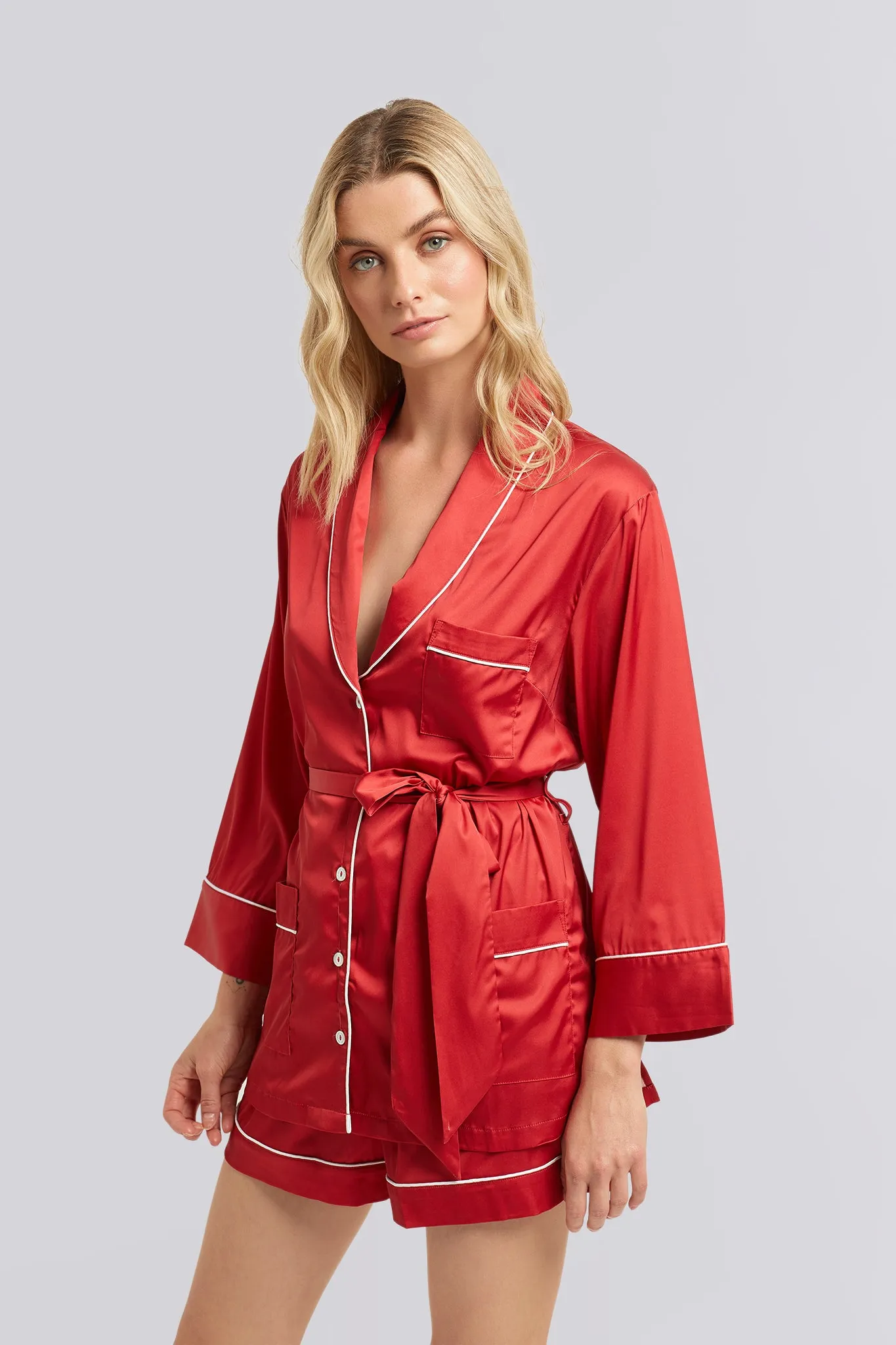 Eve Pyjama Set - Red with White Piping