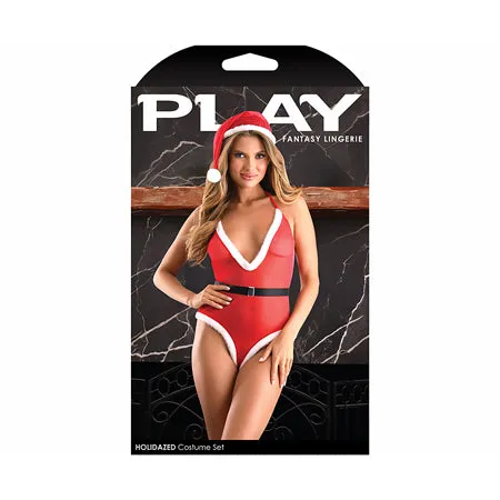 Fantasy Lingerie Play Holidazed Sheer Sparkle Mesh Teddy with Faux Fur Trim: Belt & Santa Hat Red S/M