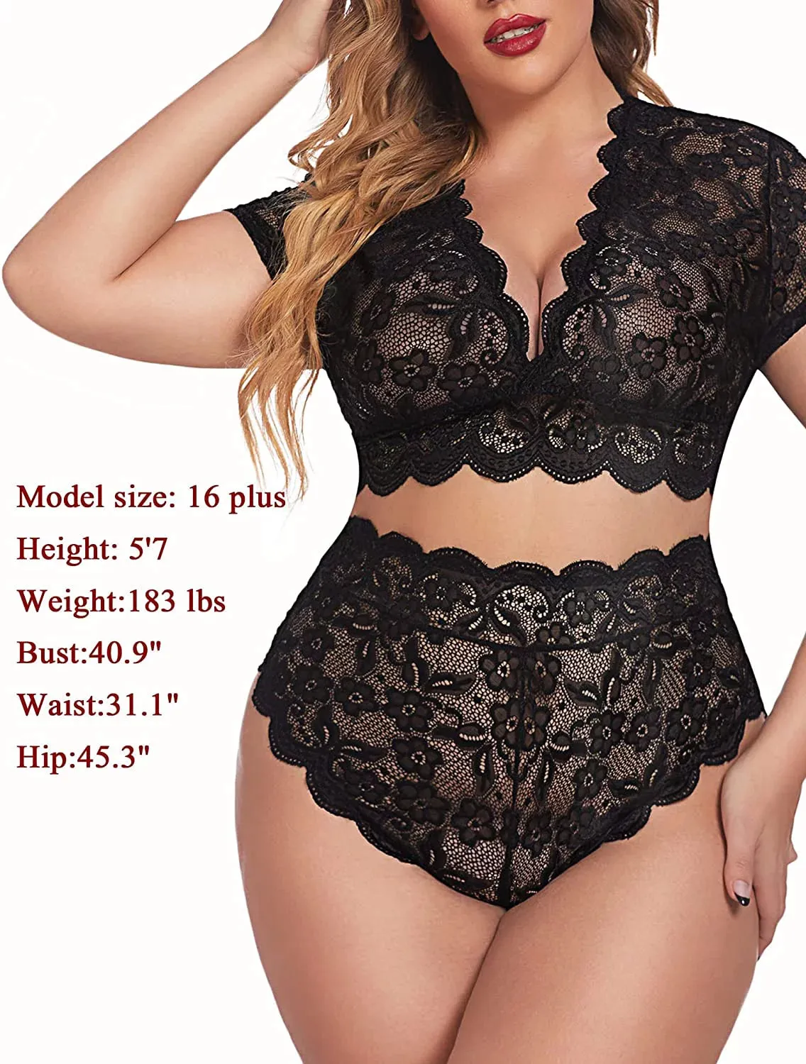 Floral Lace Plus Size Lingerie Set - Black (Size 14W)