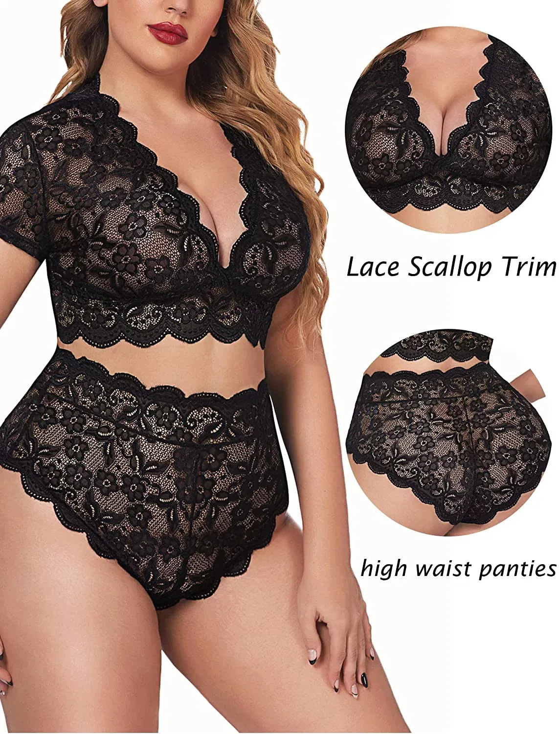 Floral Lace Plus Size Lingerie Set - Black (Size 14W)