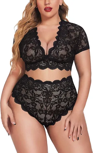 Floral Lace Plus Size Lingerie Set - Black (Size 14W)