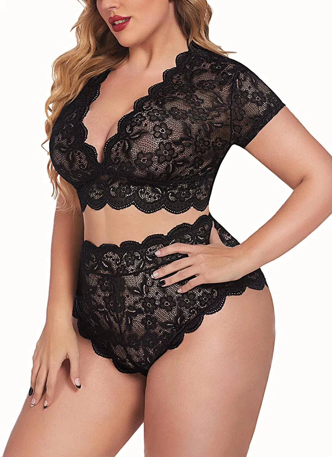 Floral Lace Plus Size Lingerie Set - Black (Size 14W)