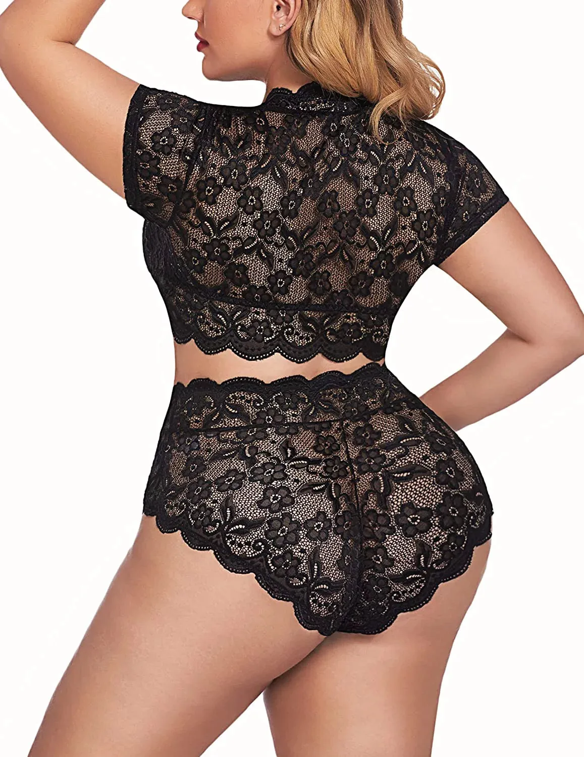 Floral Lace Plus Size Lingerie Set - Black (Size 14W)