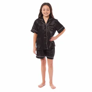 Girls Satin Silk Short Pyjama Set Button-Down Shirt and Loose-Fitting Pants Loungewear Nightwear for Ages 5-14 Black Pink Grey by Daisy Dreamer