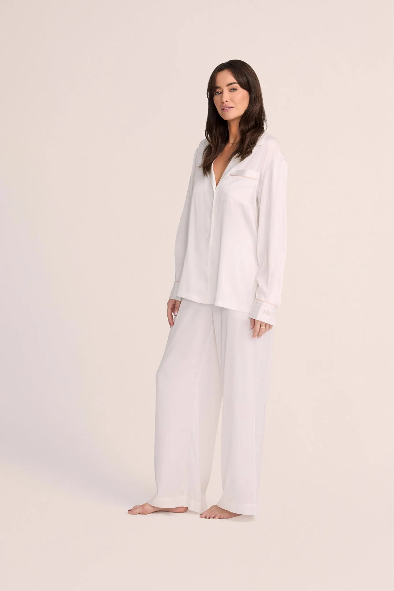 Grace Lounge Pyjama Set - White with Blush Piping