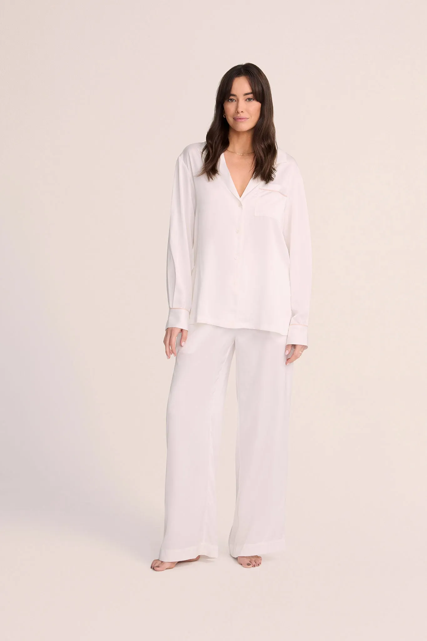 Grace Lounge Pyjama Set - White with Blush Piping