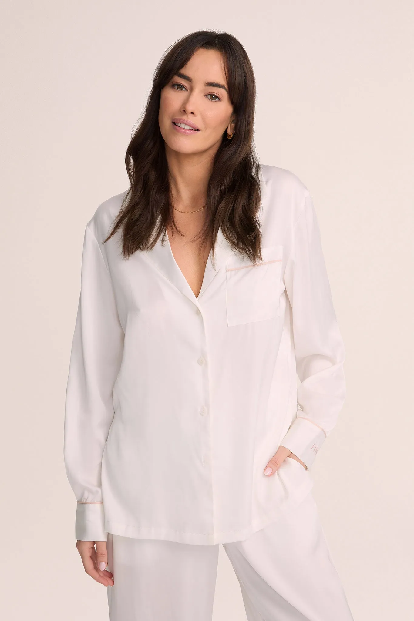 Grace Lounge Pyjama Set - White with Blush Piping