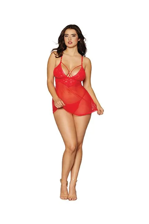 LACE & MESH BABYDOLL & G- STRING SET LIPSTICK RED O/S