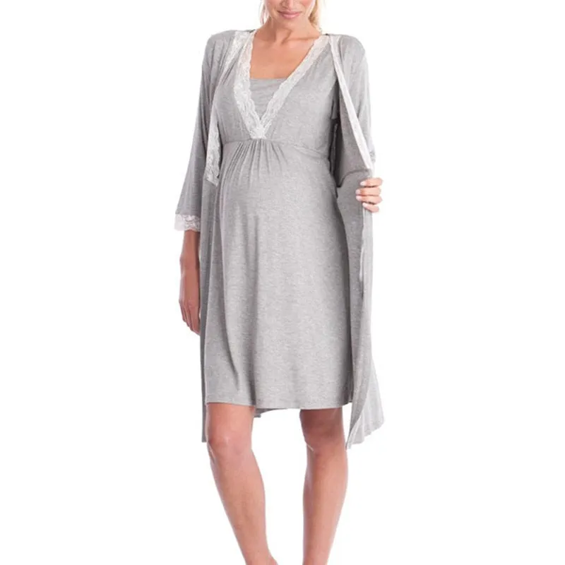 Maternity Robe Nightgown Pregnant Women Nursing Nightwear Lace Sleepwear With Adjustable Belt Pajama Dress Pregnancy Clothes