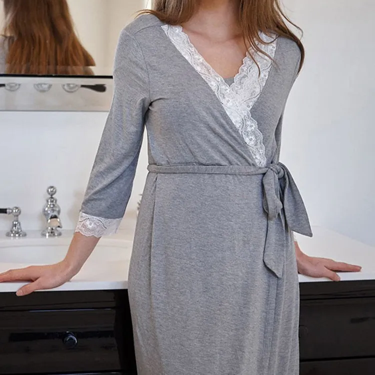 Maternity Robe Nightgown Pregnant Women Nursing Nightwear Lace Sleepwear With Adjustable Belt Pajama Dress Pregnancy Clothes