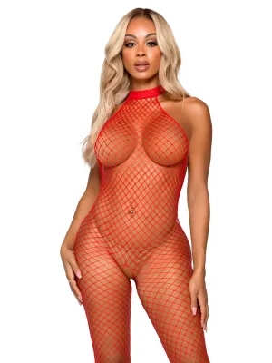 Net Racer Neck Backless Bodystocking - O/S (Red)