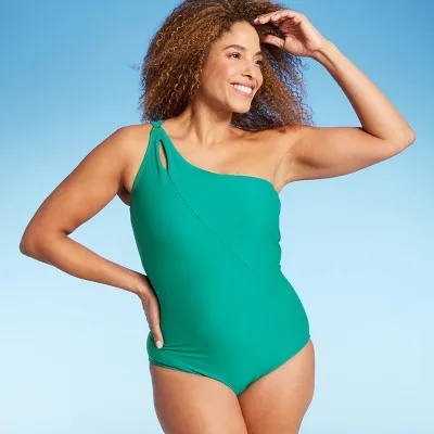 New - Lands' End Women's UPF 50 Full Coverage Tummy Control One Shoulder One Piece Swimsuit - Green XS