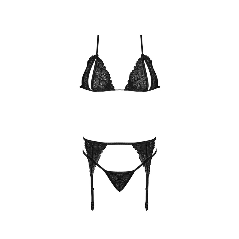 Peek-a-Boo Bra, Garter and G-String Set - L/XL - Black