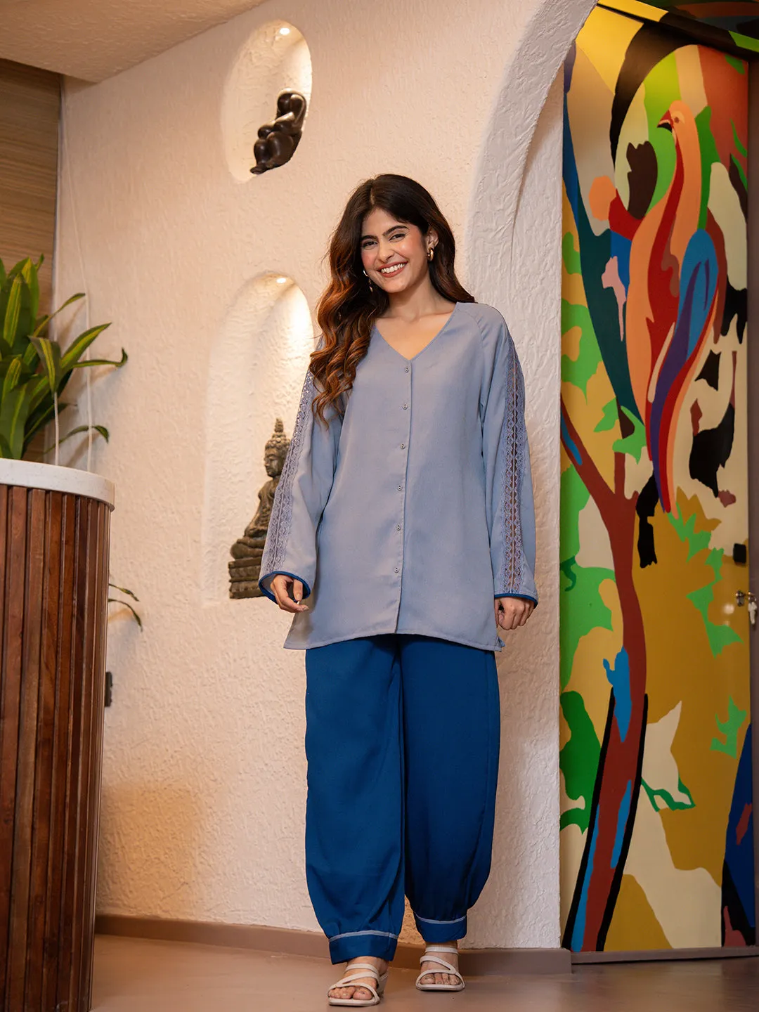 Pigeon Blue Soft Crepe Shirt Patiala Co-Ord Set