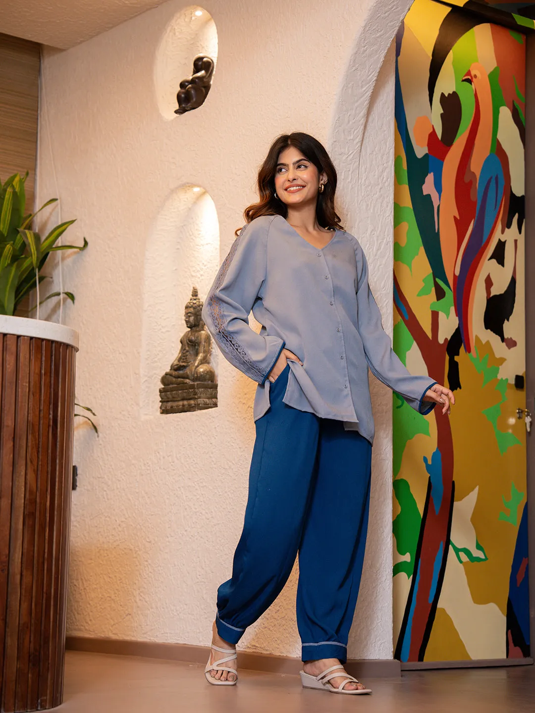 Pigeon Blue Soft Crepe Shirt Patiala Co-Ord Set