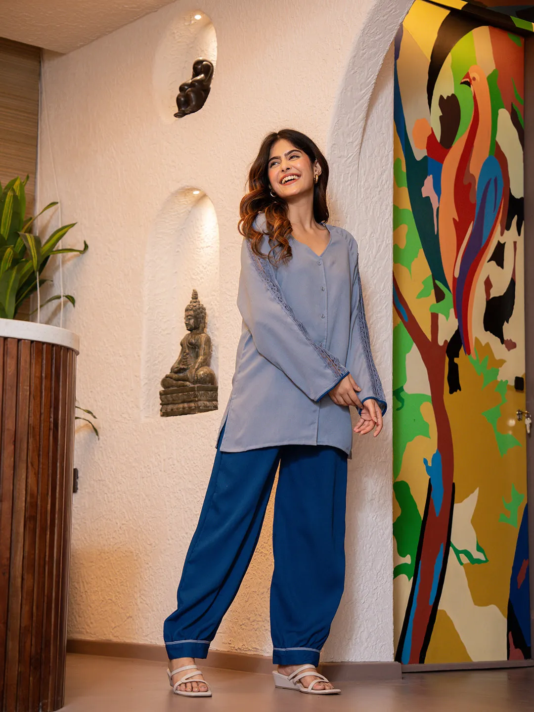 Pigeon Blue Soft Crepe Shirt Patiala Co-Ord Set