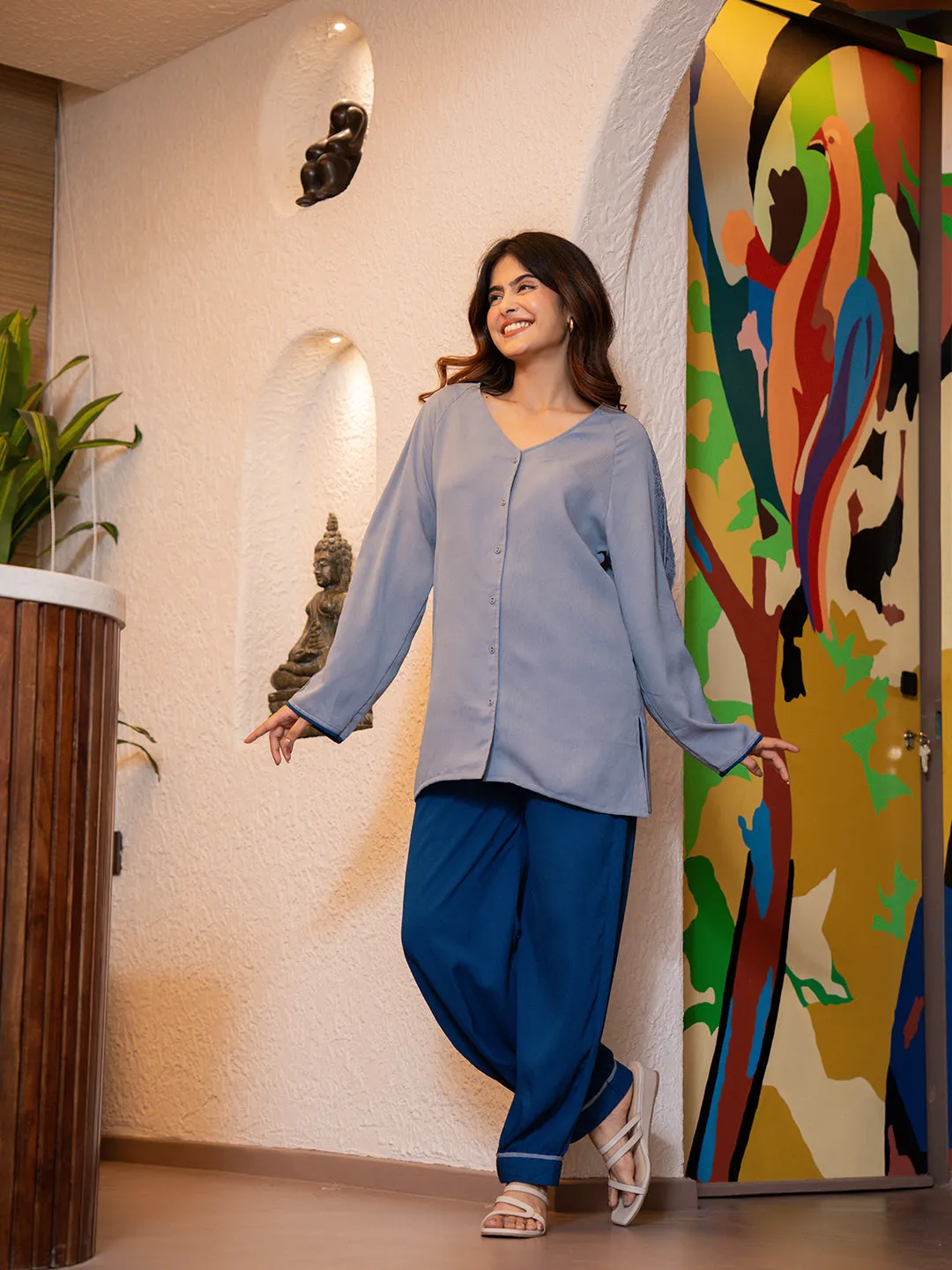 Pigeon Blue Soft Crepe Shirt Patiala Co-Ord Set