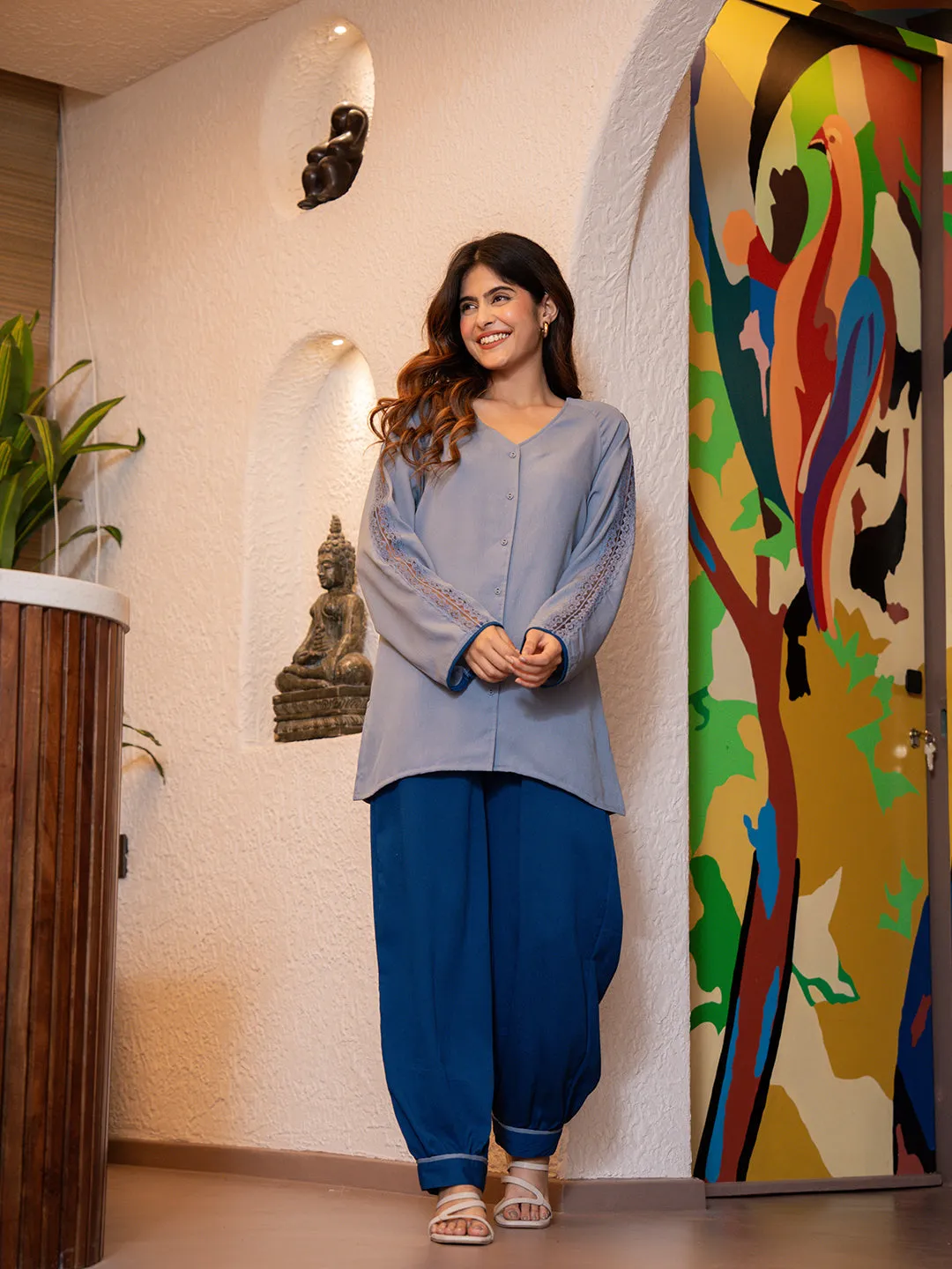 Pigeon Blue Soft Crepe Shirt Patiala Co-Ord Set