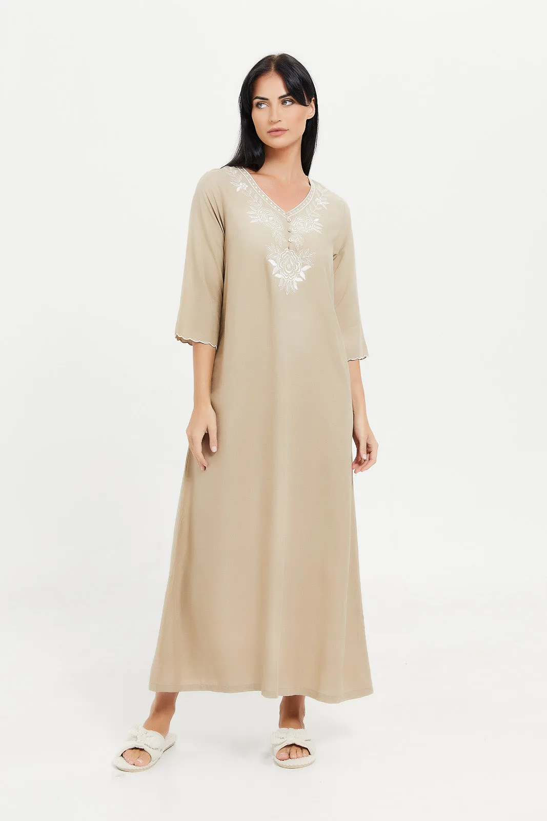 Women Beige Embroidered Nightgown