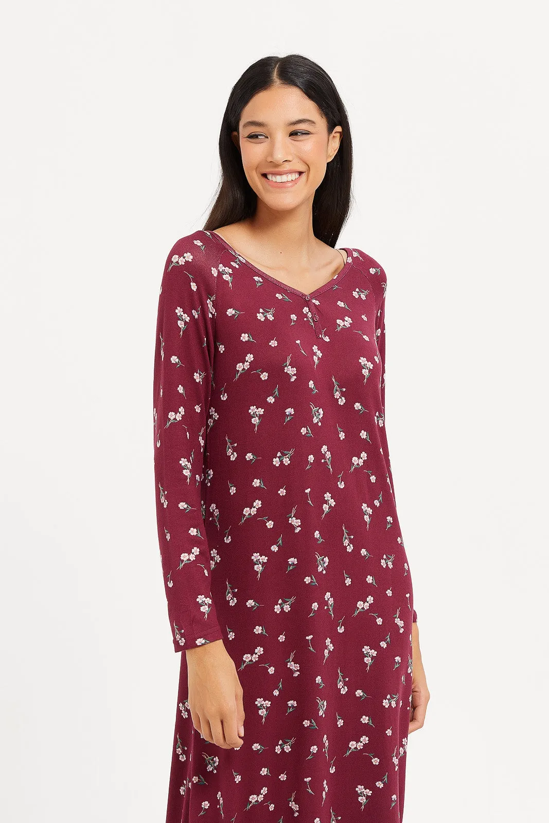 Women Burgundy Printed Nightgown