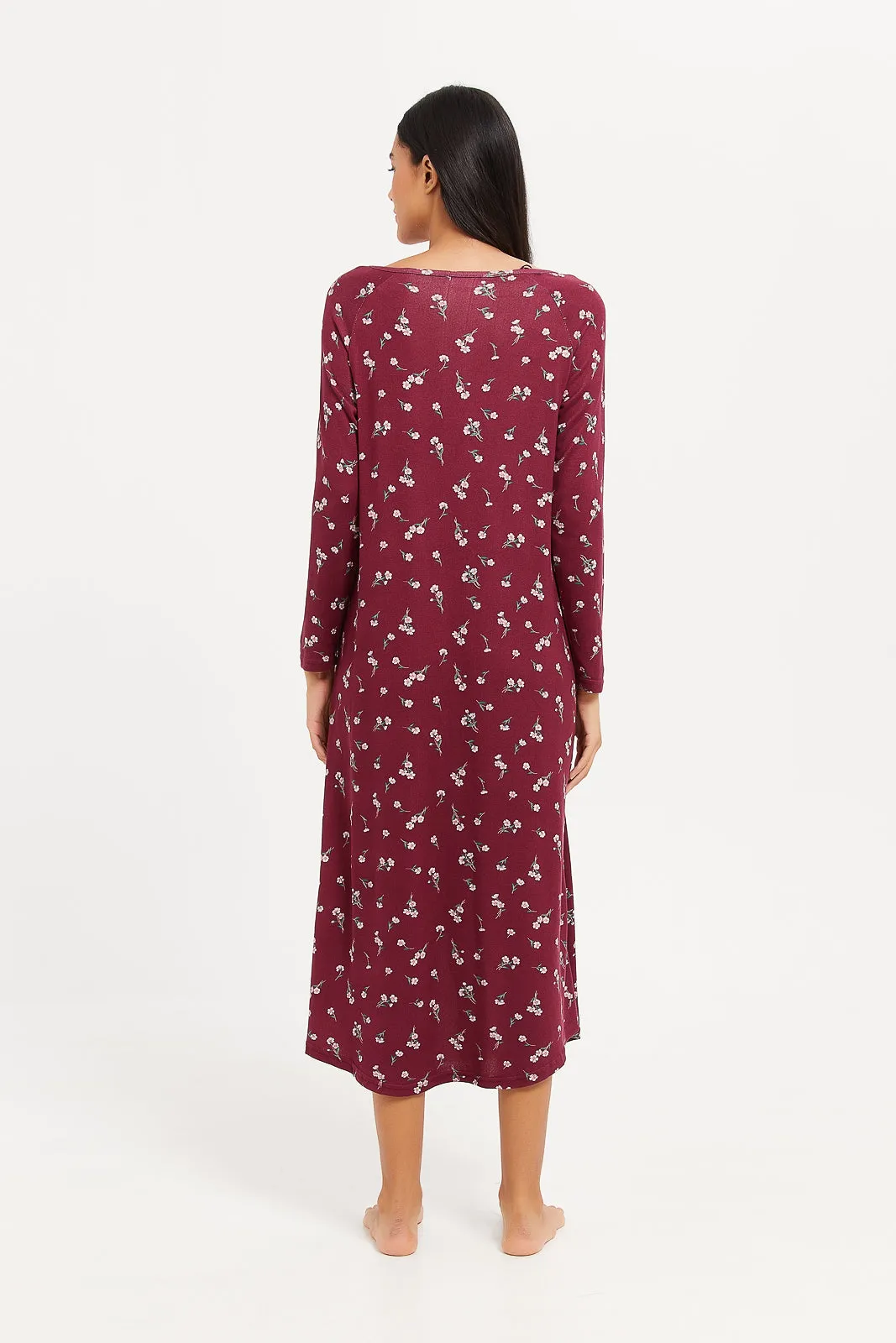 Women Burgundy Printed Nightgown