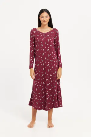 Women Burgundy Printed Nightgown