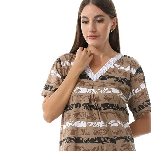 Women's Short Sleeve Cotton Nightgown, Casual & Chic Sleepwear - Brown